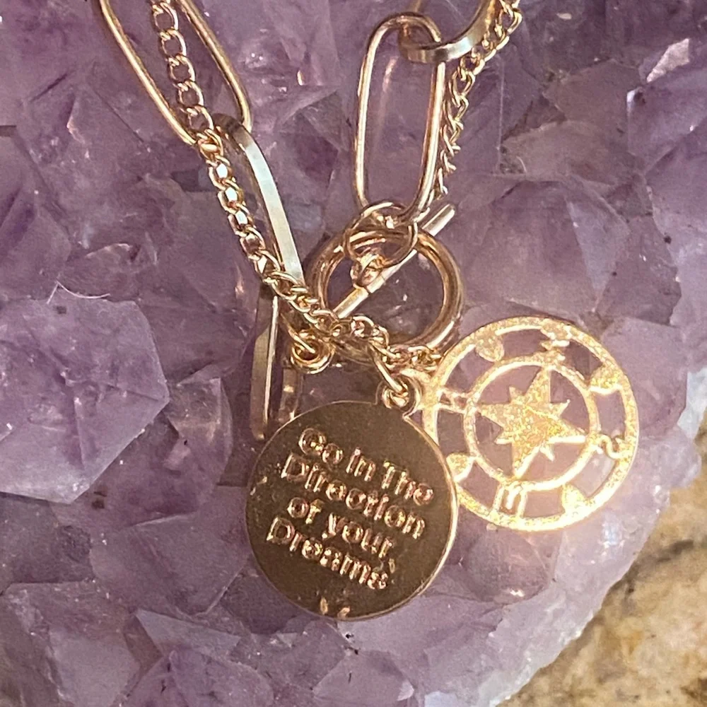 Golden Layered Paperclip Chain, Toggle Clasp, Compass Pendant, Engraved Quote!